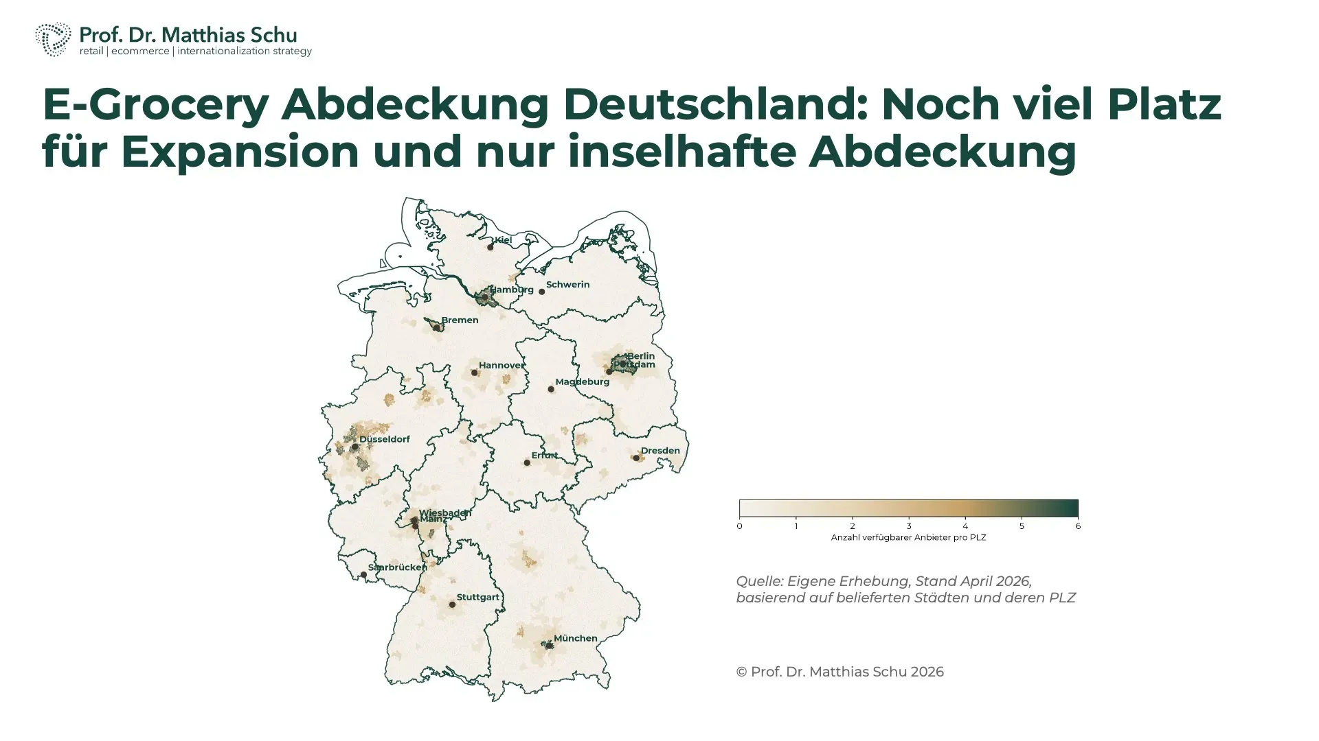 E-Grocery liefert – aber nicht überall. Anbieterdichte im dt. E-Grocery Markt nach PLZ, Stand April 2025, exklusive myTime. Quelle: Prof. Dr. Matthias Schu.