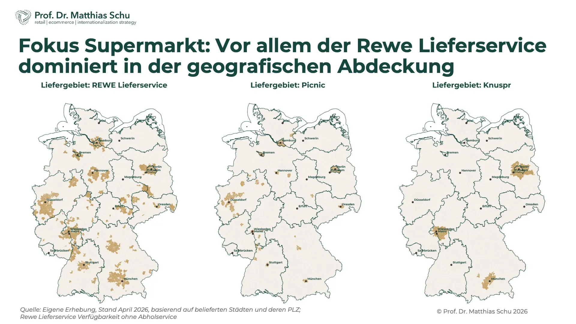 Geografische Abdeckung von Knuspr, Picnic und REWE Lieferservice im dt. E-Grocery Markt nach PLZ, Stand April 2025. Quelle: Prof. Dr. Matthias Schu.