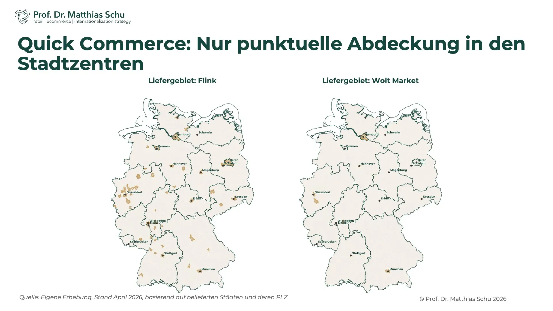 Geografische Abdeckung von Flink und Wolt Market im dt. E-Grocery Markt nach PLZ, Stand April 2025. Quelle: Prof. Dr. Matthias Schu.