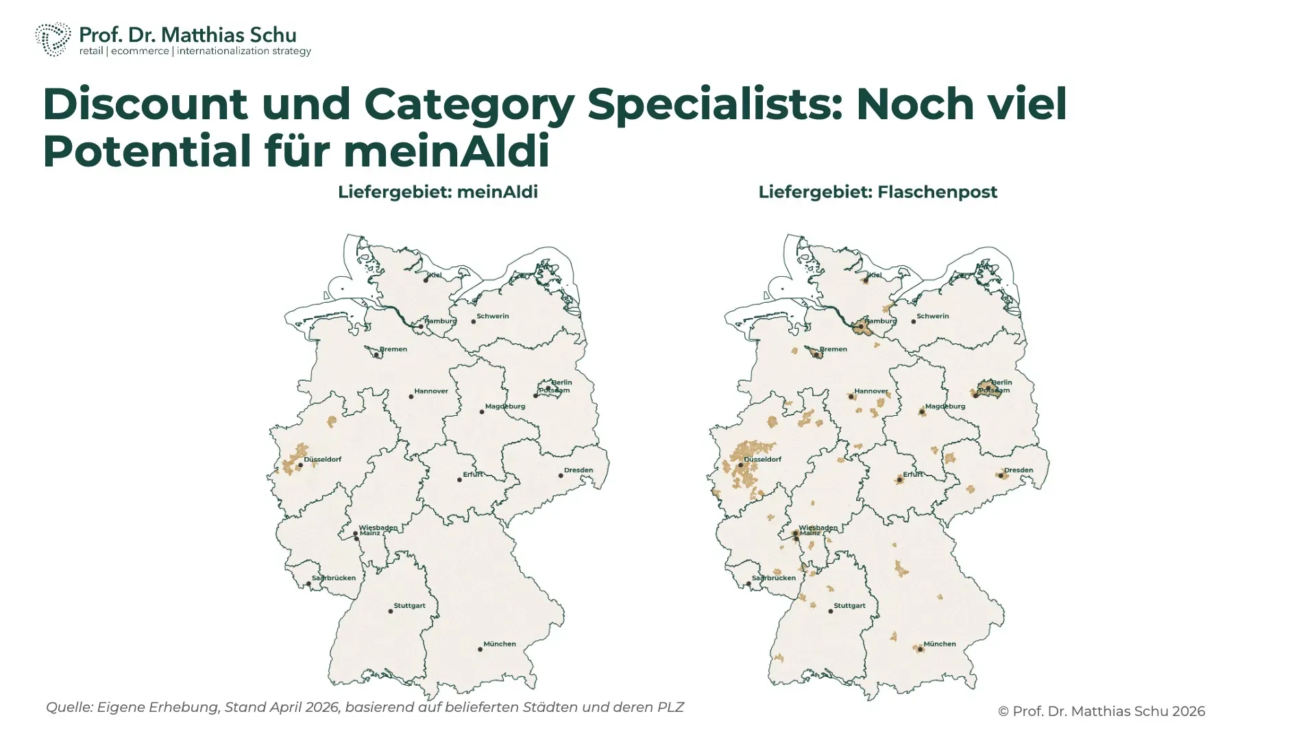 Geografische Abdeckung von meinAldi und Flaschenpost im dt. E-Grocery Markt nach PLZ, Stand April 2025. elle: Prof. Dr. Matthias Schu.